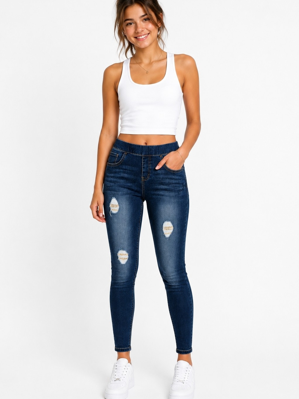 Justice Dark Blue Distressed Skinny Jeans With Gold/silver Sparkle